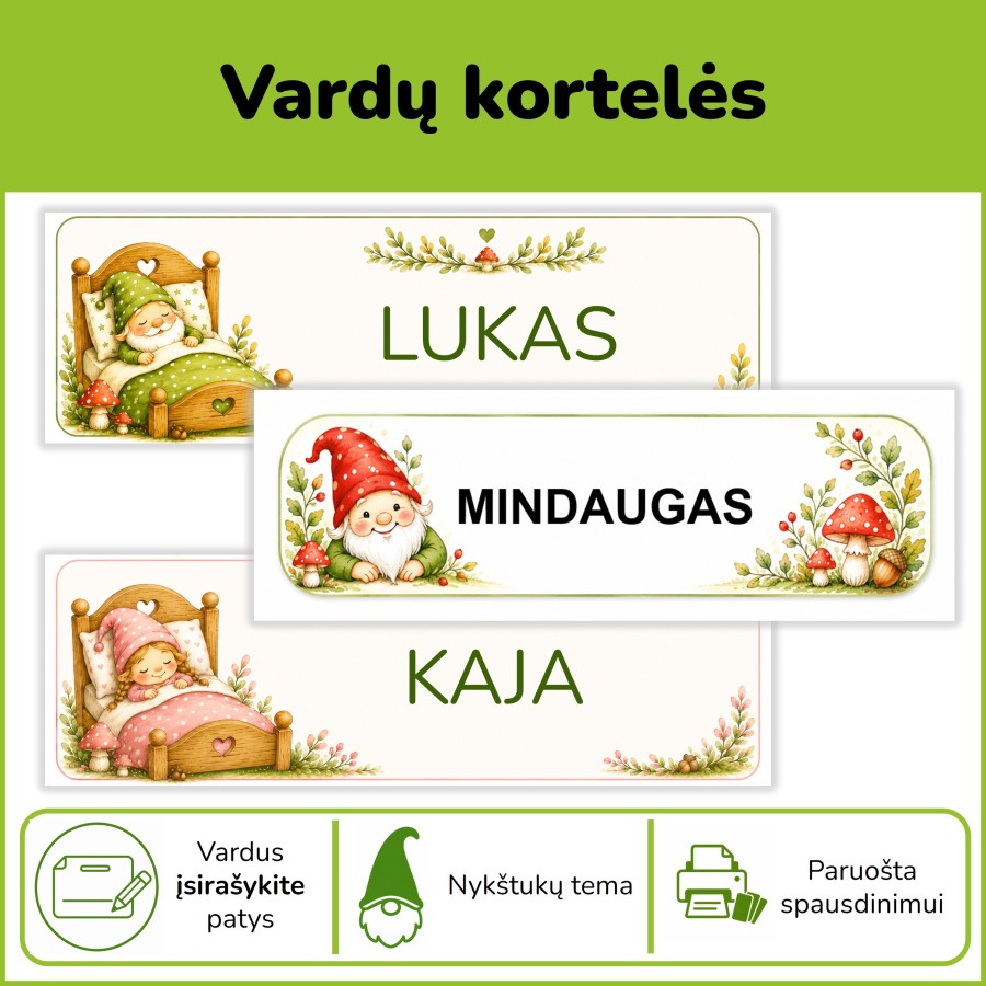 Personalizuojamos vardų kortelės | Nykštukų tema (Nr. P175)
